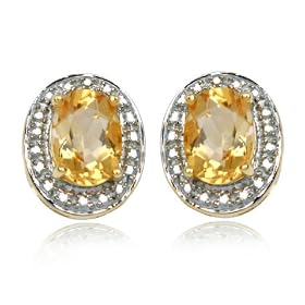 18k Yellow Gold Overlay Sterling Silver Citrine 8x6mm & Diamond Earrings