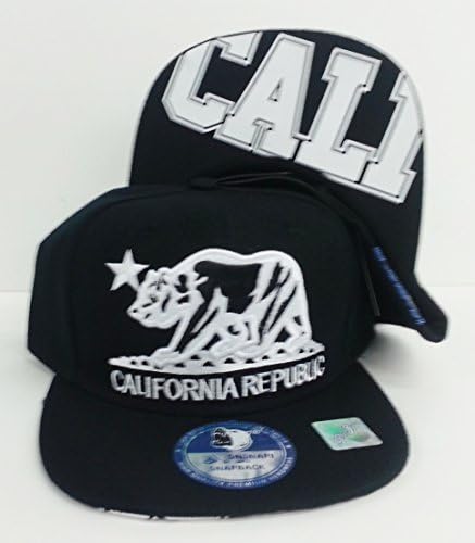 California Republic "Cali" Print White under Flat Bill Snapback Hat Caps - Black/Black Bill