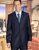 Review   / CLASSIC 2PC 3 BUTTON NAVY BLUE PINSTRIPE MENS SUIT BY: TESSORI UOMO. SUPER 150'S EXTRA FINE ITALIAN WOOL HAND MADE