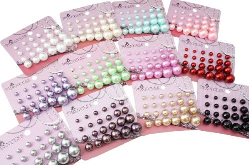 Color Bead Faux Pearl Stud Earrings, Wholesale lot of 144 Pairs, Mix Color and Size