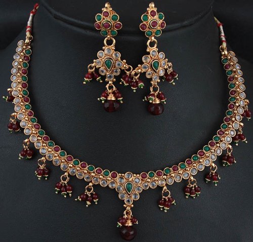 Faux Ruby and Emerald Polki Necklace and Earrings Set and Cut Glass - Copper Alloy with Cut Glass