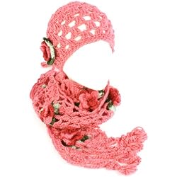 Winter Set Crochet Flower Hand Knit Beanie Skull Ski Cap Hat with Scarf Shawl Pink