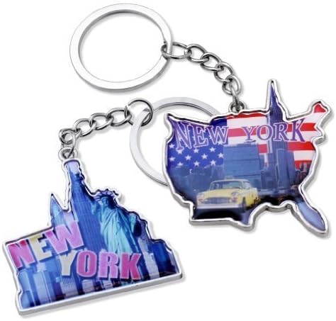 2x Retro Style New York Empire State Building Statue of Liberty NYC Skyline Yellow Cab with American Map USA Patriotic Keychain NY Souvenir Gift Key Chain Ring - Set of 2 by FridayAve