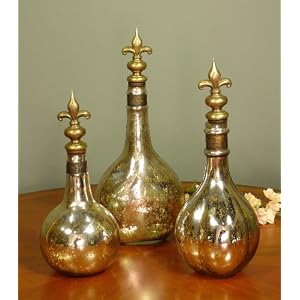 Antique French Fleur De Lis Mercury Glass Decorative Bottle Set