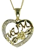 9ct Yellow Gold Ladies Diamond Set Open Heart Rose and Mum Pendant with 18 Curb Chain