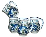 Le Souk Ceramique AF-52 Mugs, Aqua Fish Design, Large, Set of 4