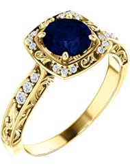 10K Yellow Gold 6.00mm Round Cut Sapphire and Diamond Ring -- LIFETIME WARRANTY