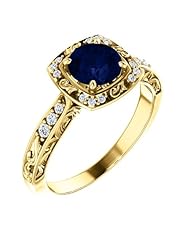 18K Yellow Gold 6.00mm Round Cut Chatham Created Sapphire and Diamond Ring -- LIFETIME WARRANTY