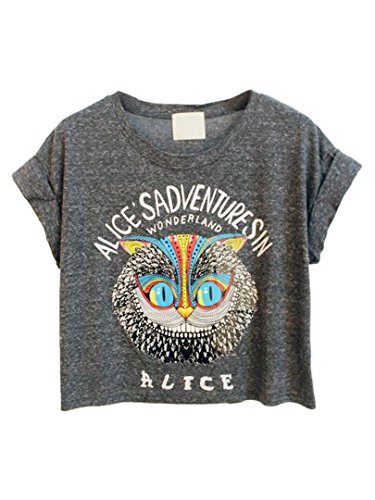 Choies Women's Cotton Cheshire Cat Pattern Short Sleeve Round Neck Loose Crop Top