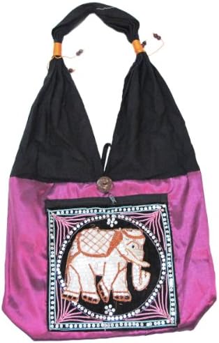 "Hit Hot" Pretty Sequin Embroidered (ROYAL ELEPHANT) Handcrafted Thai Silk and Cotton Shoulder Bag Deep Pink