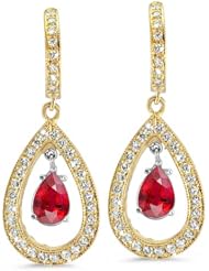 Pear Shaped Diamond Earrings In 18K White Gold With A 0.75 ct. Genuine Ruby Center Stone.