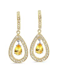 Pear Shaped Diamond Earrings In 18K White Gold With A 0.75 ct. Genuine Yellow Sapphire Center Stone.