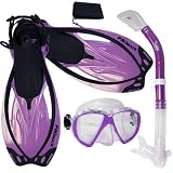 PROMATE Snorkeling Scuba Dive Dry Snorkel New Fish-Eye Mask Fins Gear Set - WhtPur - S M