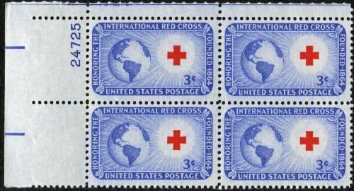 #1016 - 1952 3c International Red Cross Postage Stamp Numbered Plate Block (4) by United States Postmaster