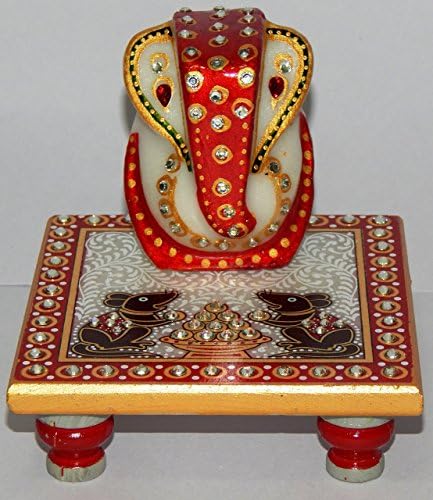 greentouch carfts Indiankala4U Marble Ganesh Chowki 4" X 4" X 5" White