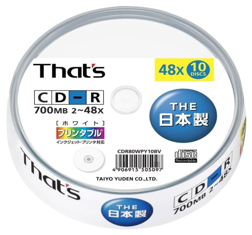 太陽誘電製 That's CD-Rデータ用 48倍速700MB プリンタブル スピンドルケース10枚入 CDR80WPY10BV