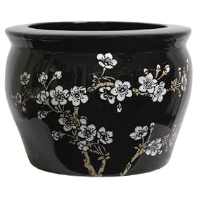 Asian Design Planter Pots - 10 Japanese Plum Blossoms on Black Porcelain Pottery Fishbowl... by ORIENTAL FURNITURE