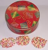 Scott's Cakes 1 lb. White Chocolate Covered Pretzel with Rainbow Jimmies in a Christmas Present Tin