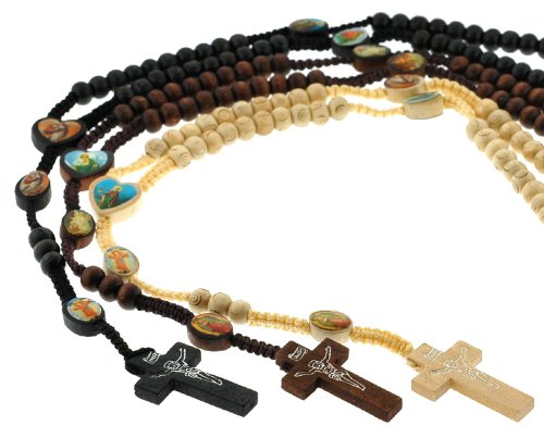 Set of 3 Carved Color Wooden Rosary Wood with Photographs - Black, Dark Brown, Light Brown