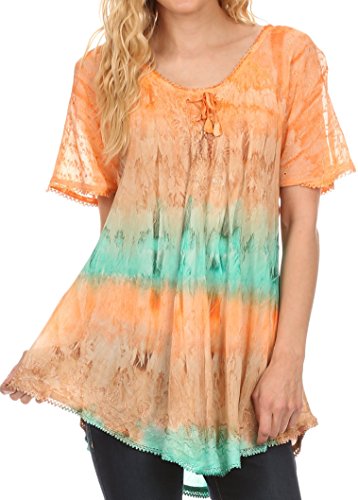Sakkas 16786 - Monet Long Tall Tie Dye Ombre Embroidered Cap Sleeve Blouse Shirt Top - Mint - OS