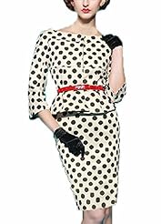 Vintage Fitted Peplum Stretchy Belted Elbow Length Sleeves Polka Dot Print Polyester Scoop Neck Bodycon Dress/Club Dress/Evening Dress/Prom Dress/Wedding Party Dress 