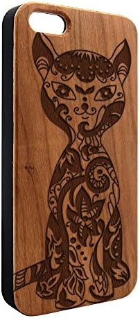Genuine Wood Cat iPhone 5 5s Case - Laser Engraved Ornate Kitten iPhone Cover (Dark Cherry Wood)