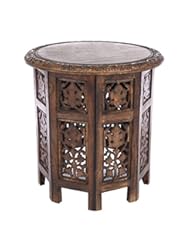 Home: Jaipur Solid Wood Hand Carved Accent Table - Antique Brown - Handcrafted Carved Wood Folding Accent Table - Size: 18 Round Top x 18 High - Intricate detail with hand carving creates a truly unique furnishing accent - Orient Originals Inc.