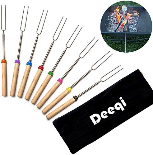 DEEQI 32 Inch Telescoping Marshmallow Roasting Sticks Stainless Steel Wooden Handle Smores Skewers &amp; Hot Dog Fork, Set of 8, Fire Pit Forks for Camfire Cooking
