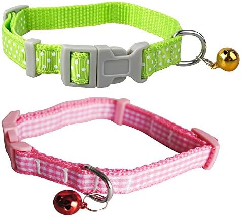 Karlotte Pet 5/8" Pack of 2 Polka Dot and Plaid Print Adjustable Nylon Small Dog Collars with Cute Bell