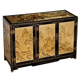 Handmade Asian Furniture - 42 Gold & Black Lacquer Buffet / Storage Cabinet Mountain Scenery Motif