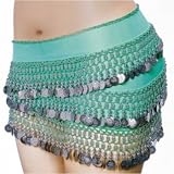 SEXY BELLY DANCER COSTUME HIP SCARF - EMERALD WITH SILVER COINS