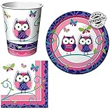 Creative Converting Owl Pal Tableware Package Including Cups, Beverage Napkins, and Dessert Plates for 16 Guests