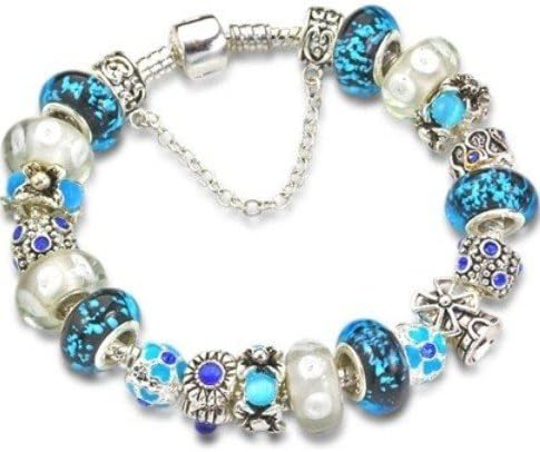 Blue Beaded Silver Plated Charm Bracelet Compatible with Pandora Style Bracelet