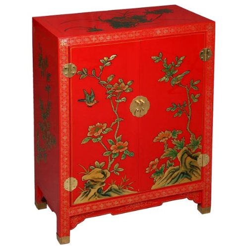 EXP Handmade Asian Furniture 29-Inch Imperial-Style Red and Gold Storage Cabinet/End Table Nature Motif