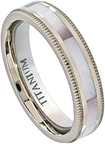 FREE ENGRAVING -5MM Titanium Wedding Band Ring Cut Milgrain Edge with Creamy Pinkish Hued Mother of Pearl Inlay (7)