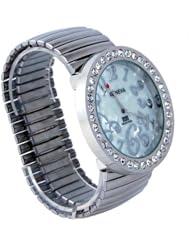 Geneva Womens Silver Jumbo Stretch Band Watch with Baguette Stones Bezel