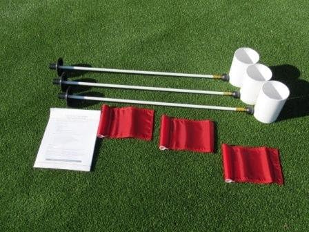 Golf Practice Putting Green - Natural or Synthetic - Deluxe Accessory Kit - (3) White Aluminum 6" Deep Regulation Cups + (3) Solid Red + (3) 30" White Fiberglass Pin Markers with Ball Lifter Disk