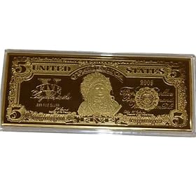 $5 Indian Bill .999 Silver Proof 24K Gold Replica Bar