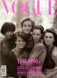 Vogue Magazine No.1 January 1990: Cover Girl - Naomi Campbell, Linda Evangelista, Tatjana Patitz, Christy Turlington, Cindy Crawford. All tops by Giorgio di SantAngelo and The 1990s What Next?, Collections The New Decades New Shaping