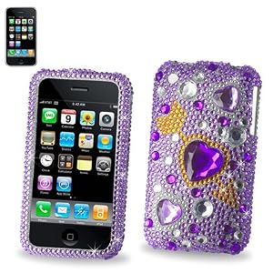 Hard Diamante Protector Skin Cover (Faceplate/Snap On) Full Rhinestones Diamond Bling for Apple iPhone 3G 8GB 16GB / 3GS 16GB 32GB AT&T - Purple pink with glowing purple heart