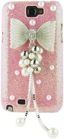FiMeney Luxury Sliver Crystal Rhinestones Pearl Bow Bowknot Pendant Pink Glitter Back Hard Case Cover Shell for Samsung Galaxy Note 2 N7100