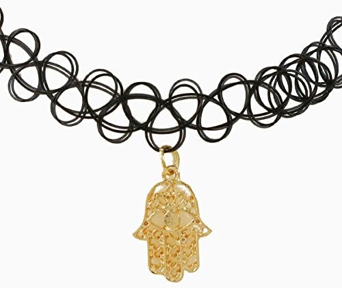 Black Plastic Tattoo Choker With Gold Hamsa Charm