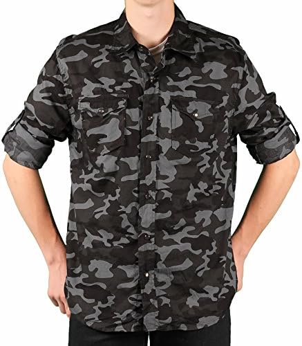 Ditch Plains Young Men's Roll-Sleeve Camo Shirt, Dk. Charcoal, Size Medium