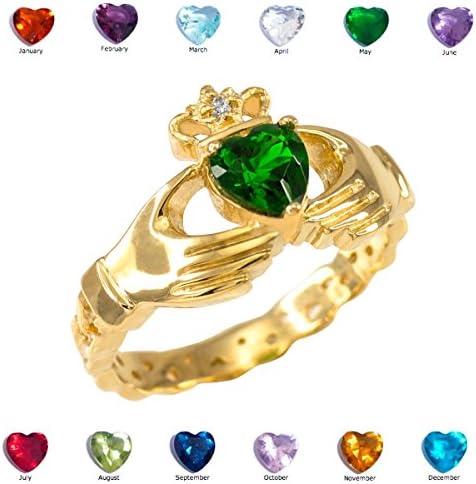 Solid 10k Yellow Gold Personalized CZ Heart Diamond Crown Birthstone Claddagh Ring, Size 7