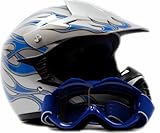 Youth Motocross ATV Dirt Bike MX Helmet and Goggles Set Blue Flame, Large