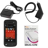 GTMax Solid Black Snap On Rubberized Hard Cover Case + Clear LCD Screen Protector + Home Travel Charger + Rapid Car Charger for Nokia N97 Cell Phone