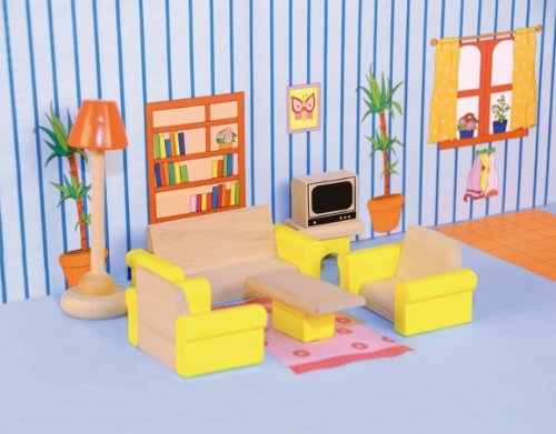 PUPPENHAUS PUPPENSTUBE MÖBEL STUBE WOHNZIMMER HOLZ 7tlg