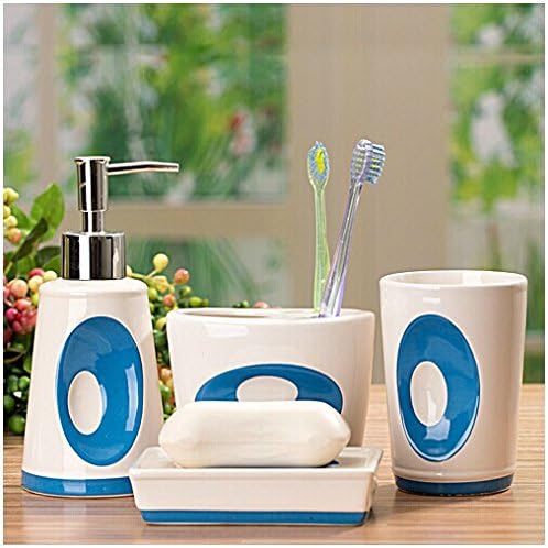Lovely Big Blue Eyes 4 Piece Bath Ensemble, Ceramic Bathroom Accessories with Soap Dish, Lotion Dispenser, Toothbrush Holder & Tumblers, Gifts, Home Decoration