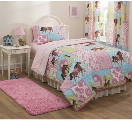 Teen kids 7-pieces Full size comforter with sham and sheet sets horsey, meadows, multi color with bonus home-made head massage comb tool for relaxing.