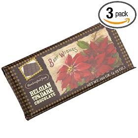 Tom and Sally's Handmade Chocolates, Vintage Art Belgian 73% Dark Chocolate (Poinsettias), 4.25-Ounce Bars (Pack of 3)